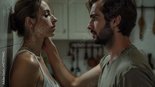Marital abuse and domestic violence, a woman being sexually intimidated by a man in a bedroom