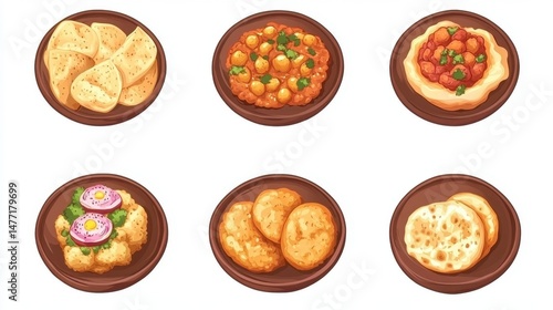 Assorted Indian Street Food Dishes in Brown Bowls Overhead Shot Illustration Delicious Cuisine