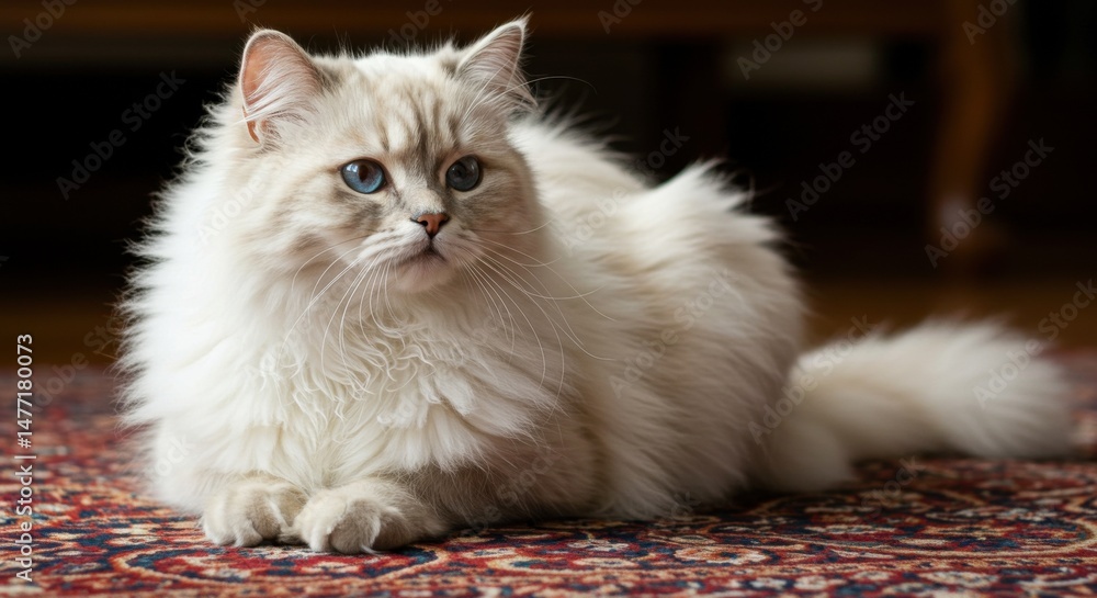 Fototapeta premium Cat Resting on Rug with Blue Eyes and Fluffy Fur