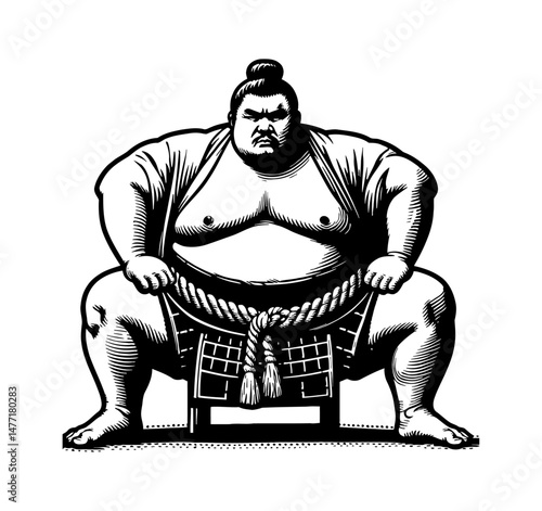 A Serious Sumo Wrestler Seated in a Traditional Ready Position Black and White Detailed Illustration