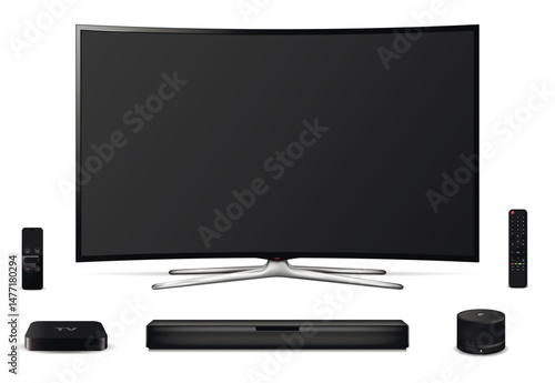 Curved TV screen, remote control, soundbar and other television equipment