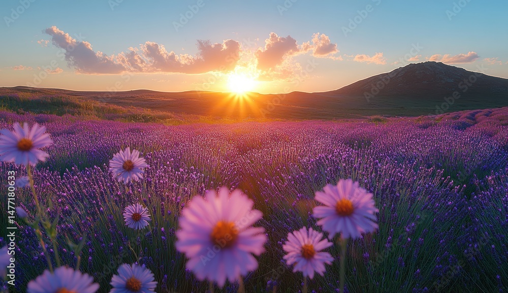 Obraz premium Majestic sunset over a vibrant lavender field.