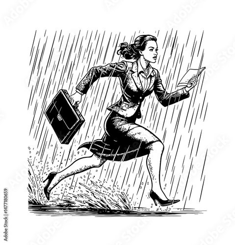 Businesswoman Running in the Rain Holding Briefcase and Documents in Black and White Line Art