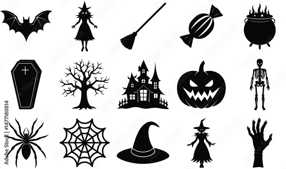Fototapeta premium Halloween Icons Black Silhouettes Collection Set