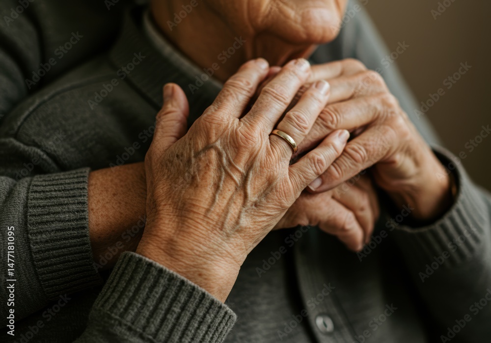 Fototapeta premium Elderly couple embrace, Love connection, Affectionate hug, Warm portrait, Realistic hands, Touching moment
