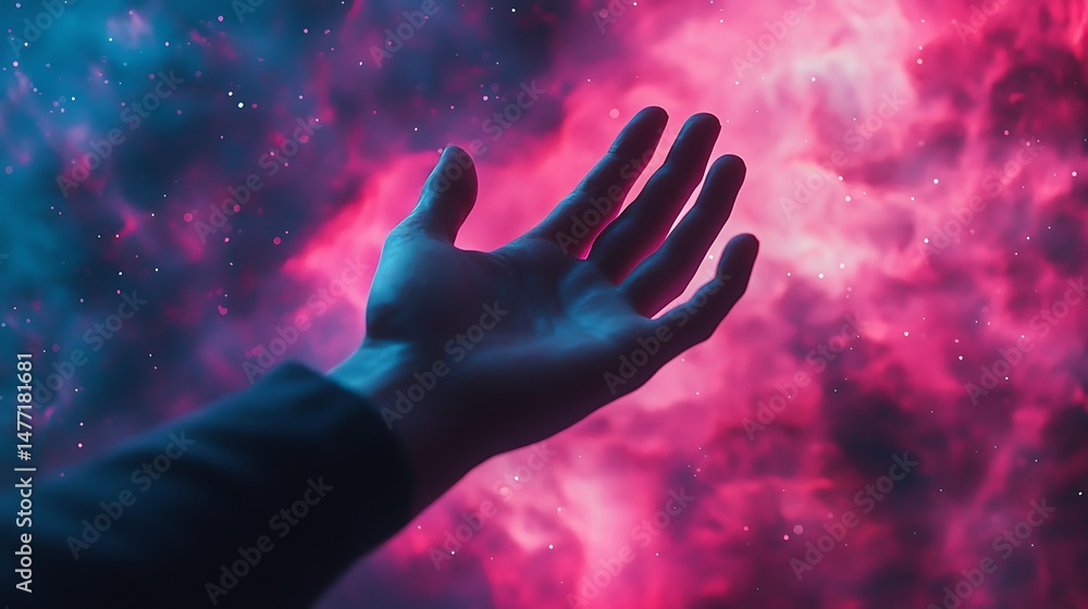 A hand reaches out toward a vibrant, colorful cosmic nebula, creating a sense of wonder and exploration. A hand reaches out toward a vibrant, colorful cosmic nebula, creating a sense of wonder and exploration.