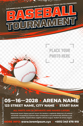 Dynamic baseball tournament poster template with ball and bat