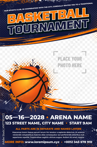 Dynamic basketball tournament poster template with ball