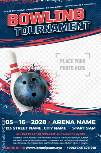 Dynamic bowling tournament poster template with ball and skittle