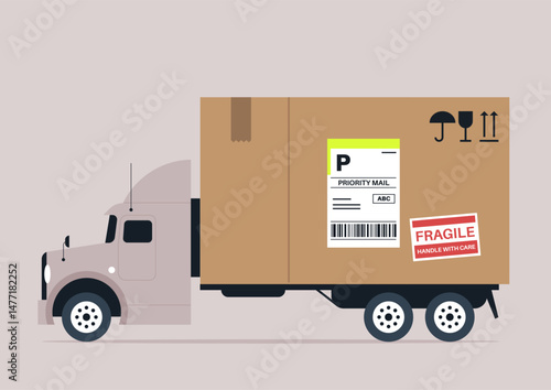 A funny container truck with a giant box moves through city roads, carrying fragile items marked with handling instructions, showcasing the logistics of urban transport in action during daylight