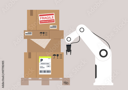 An advanced robot works tirelessly in a dynamic warehouse, expertly stacking, sorting, and managing packages while ensuring fragile items are handled with utmost care