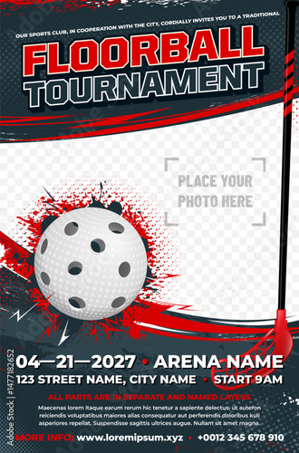 Dynamic floorball tournament poster template with ball and stick
