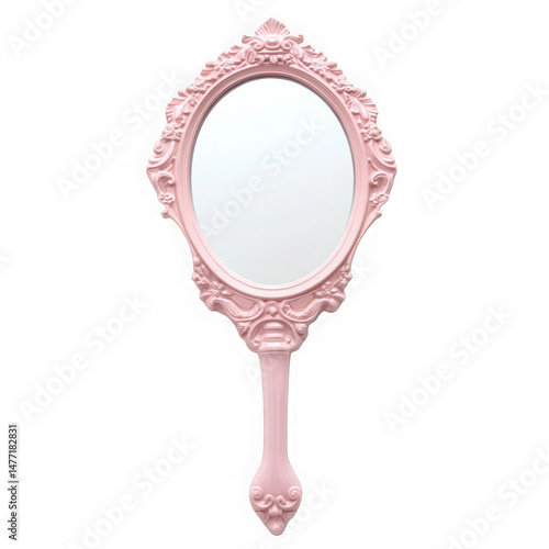 Pink ornate hand mirror isolated on transparent background