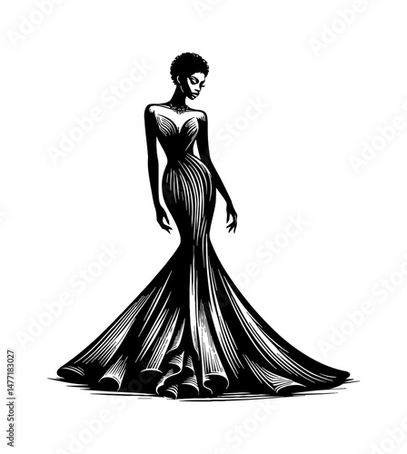 Elegant Black Woman in Long Dress Vector Silhouette with Line Art Illustration
