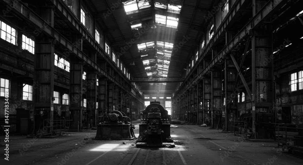 Obraz premium Abandoned Factory: Monochromatic Industrial Interior with Sunbeams