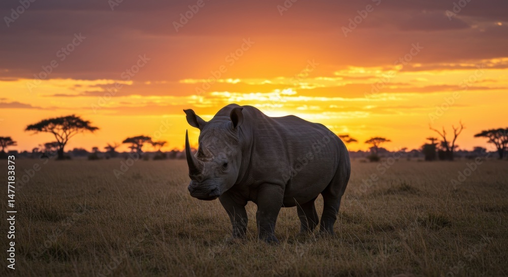 Fototapeta premium Rhino Grazing in Field at Dramatic Sunset, African Wildlife