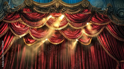 Ornate red velvet theatre curtains illuminated by spotlights, creating a dramatic atmosphere