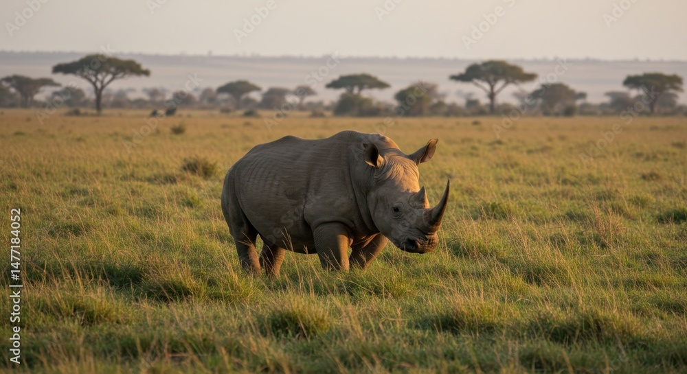 Fototapeta premium Rhino Walking in Grassy Field at Dusk Wildlife Scene