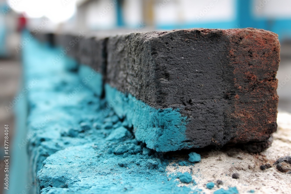 Colorful brick with blue paint detail in urban environment during daylight Colorful brick with blue paint detail in urban environment during daylight