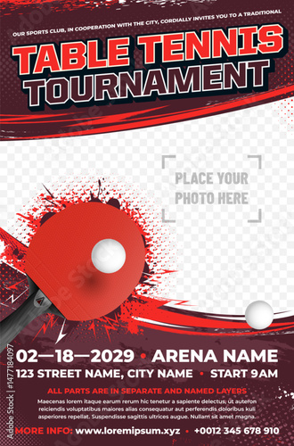 Dynamic table tennis tournament poster template with racket and balls