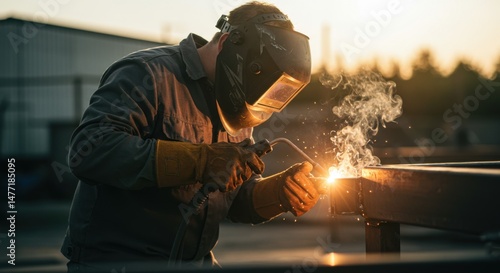 Welder Welding Metal Outdoors with Protective Gear and Sparks