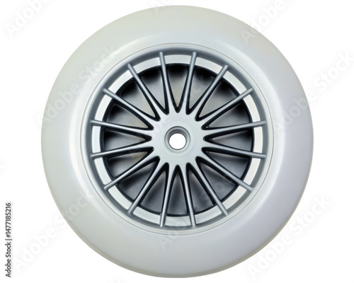White and silver-spoke wheel with a central hub on a transparent background
