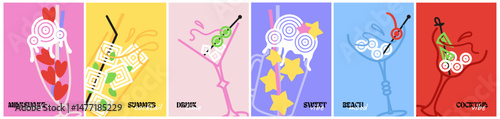 cocktail poster set. summer drink card in abstract, minimal style. milkshake, lemonade, alcohol drink illustration