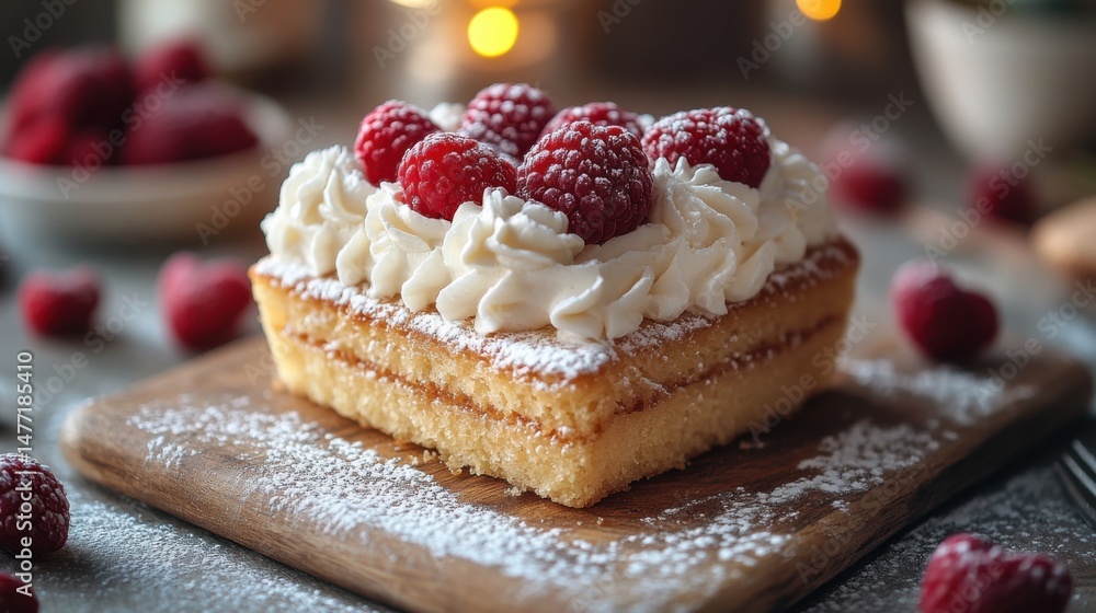 Cake with Cream and Raspberries on Wooden Board Cake with Cream and Raspberries on Wooden Board