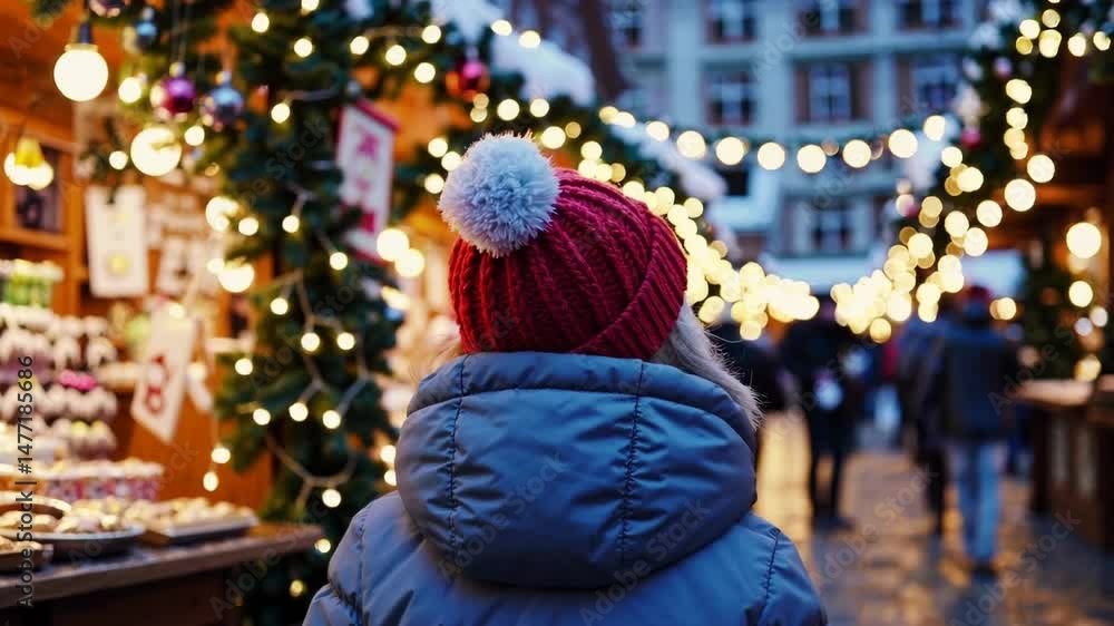 Festive holiday market: child exploring twinkling lights and colorful stalls Festive holiday market: child exploring twinkling lights and colorful stalls