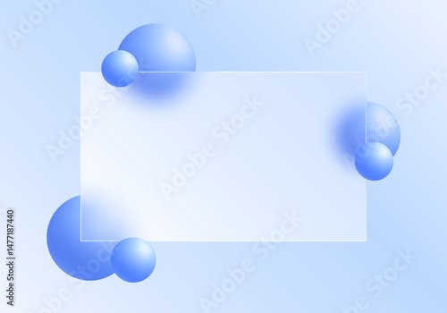 Modern blue glassmorphism background with translucent rectangle and glossy spheres on soft gradient. Ideal for UI, web, and branding designs.