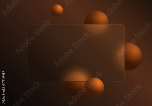 Dark brown glass morphism background with glowing bronze spheres and a translucent panel. Ideal for luxury branding, web, or presentation design.