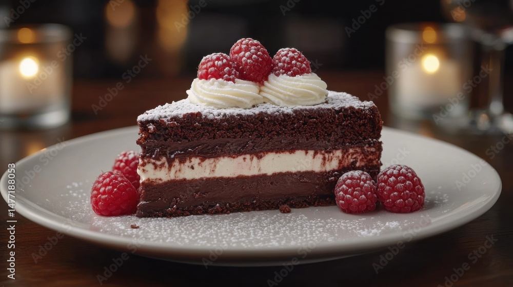 Chocolate Cake Slice with Raspberries and Cream on a Plate Chocolate Cake Slice with Raspberries and Cream on a Plate