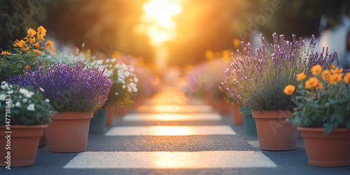 Sunset Glow on Flower Pots with Beautiful Plants, Flower Garden Pathway with Sunset Light, Vibrant Flower Pots and Beautiful Sunset

