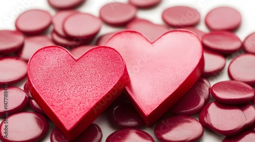 Two Red Hearts Surrounded by Red Discs Romantic Valentine's Day Concept