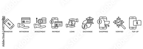 Mobile banking icon set vector illustration concept relate to transfer, withdraw, investment, payment, loan, exchange, shopping, verified and top-up�