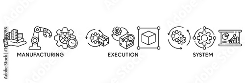 MES icon set vector illustration concept relate to  manufacturing execution system with icon of factory, service, automation, operation, production, distribution, management, structure, and analysis