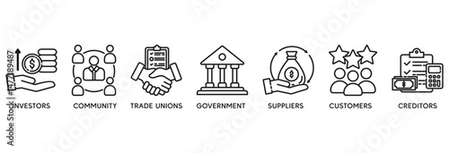 Stakeholder relationship icon set vector illustration concept relate to stakeholder, investor, government, and creditors with icon of community, trade unions, suppliers, and customers