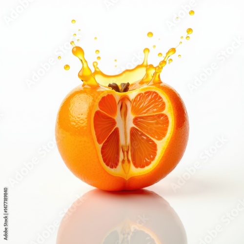 A fresh orange with juicy splash, creatively edited to show vibrant juice bursting from the fruit on a white background.