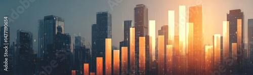 Abstract cityscape with rising bar graph elements suggesting growth and financial success.