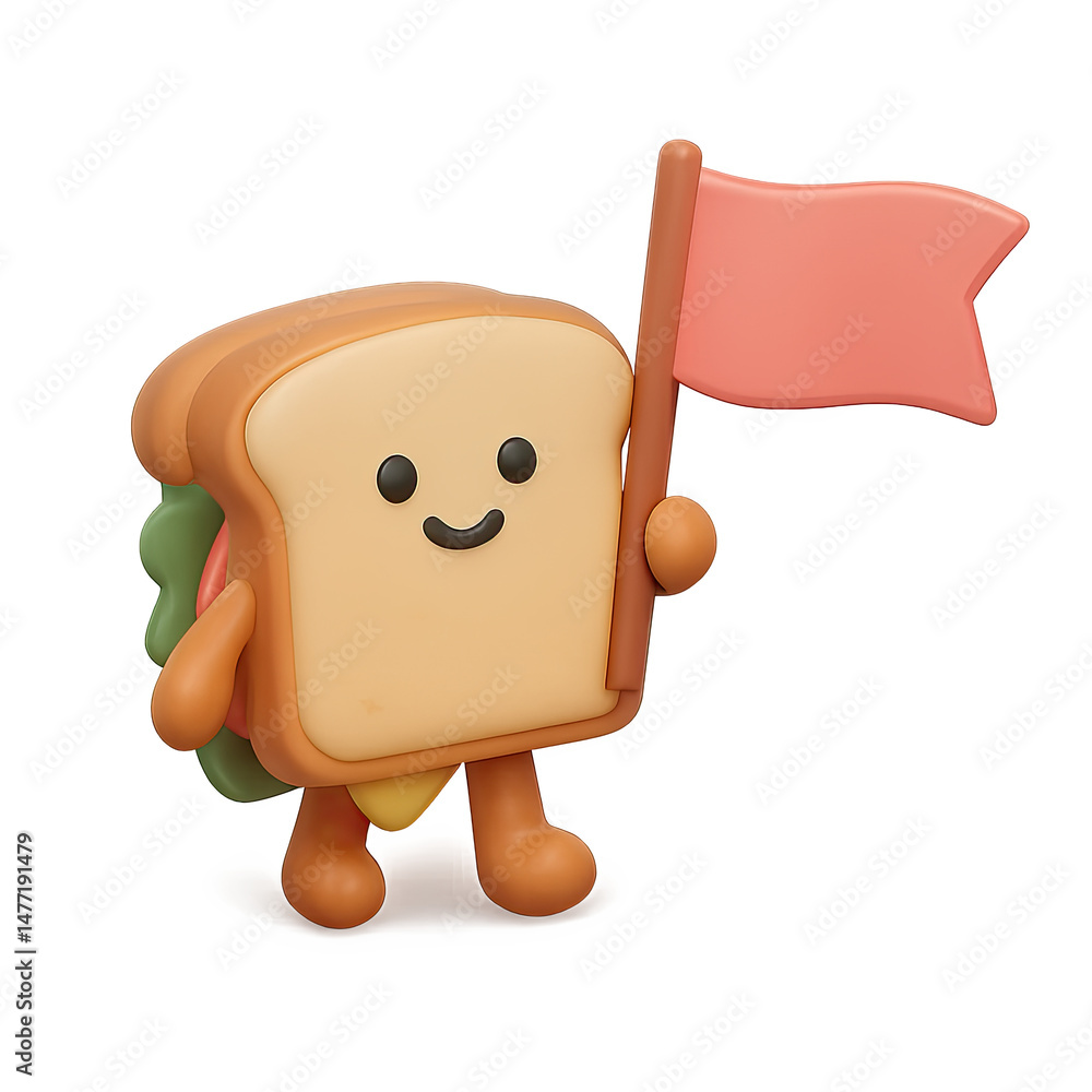 Fototapeta premium Cute 3D Cartoon Sandwich Character Holding a Red Flag on a Warm Background