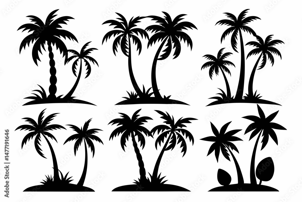 Fototapeta premium Set of 8 vector silhouettes of coconut tree and palm logo isolated on a white background