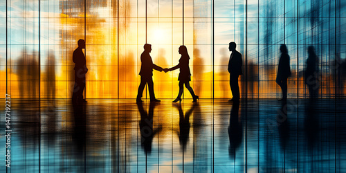 Business People Shaking Hands with Modern Architecture, Business Partnership and Agreement in Office, Corporate Collaboration and Deal-Making in Office

