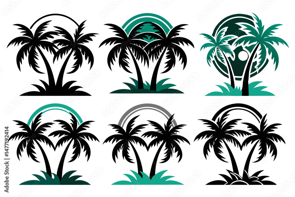 Set of vector silhouettes of coconut tree and palm logo isolated on a white background
Set of vector silhouettes of coconut tree and palm logo isolated on a white background