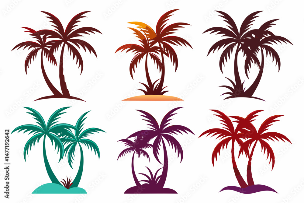 Fototapeta premium Set of vector silhouettes of coconut tree and palm logo isolated on a white background 