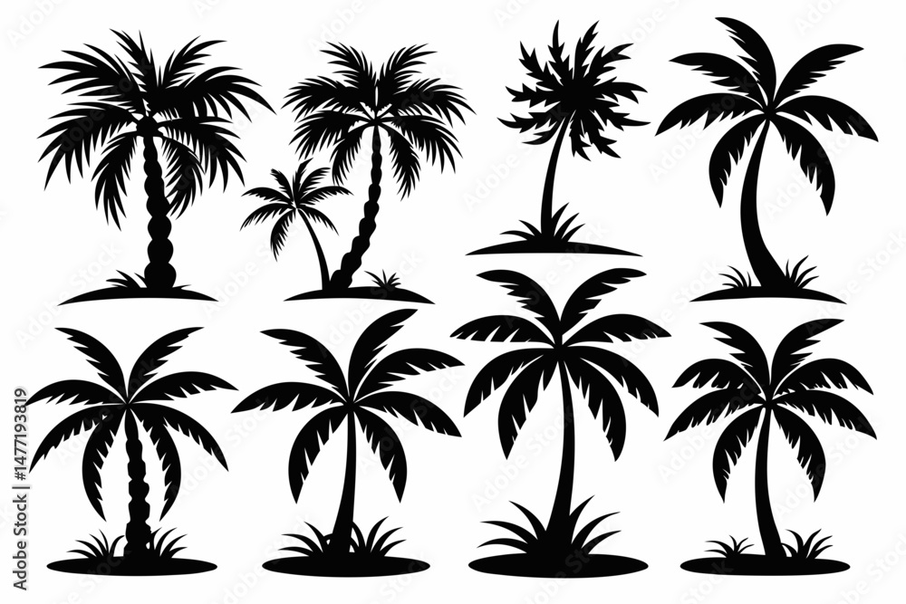 Set of vector silhouettes of coconut tree and palm logo isolated on a white background
Set of vector silhouettes of coconut tree and palm logo isolated on a white background