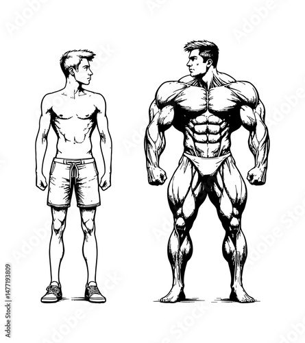 Comparison of bodybuilder and normal person physique in black and white line art