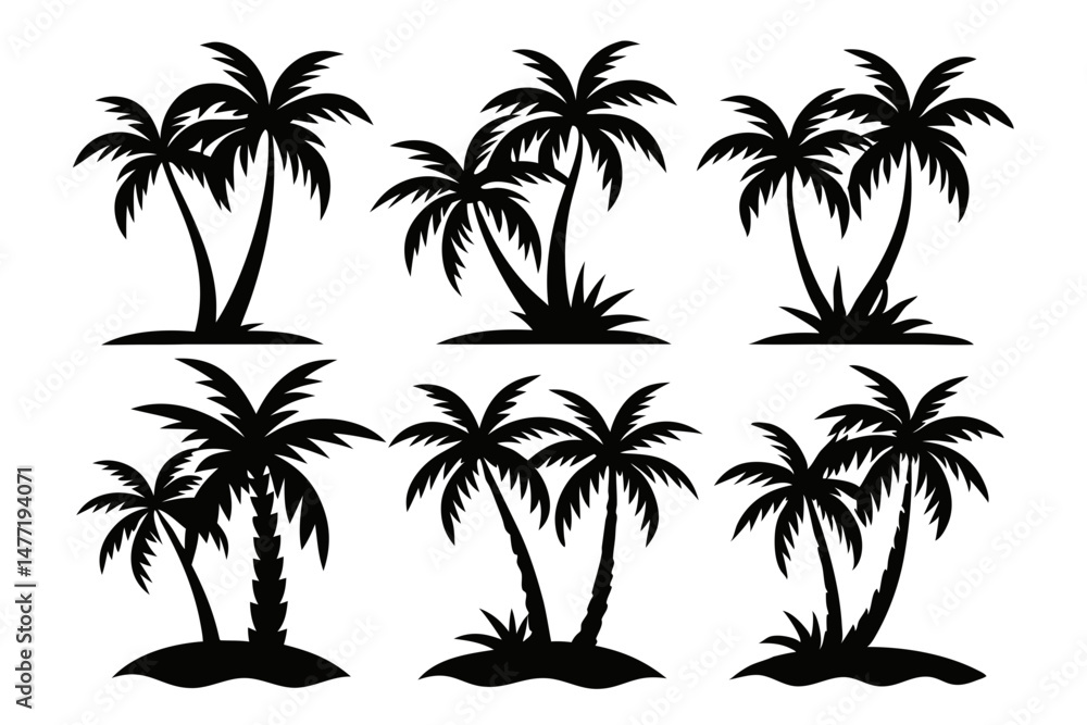 Set of vector silhouettes of coconut tree and palm logo isolated on a white background
Set of vector silhouettes of coconut tree and palm logo isolated on a white background
