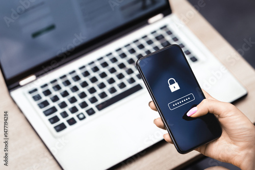 Password to protect data in phone. Cyber security against fraud and scam. Privacy lock online. Smartphone and laptop computer. Strong safety and safe payment. Forgot bank account information.