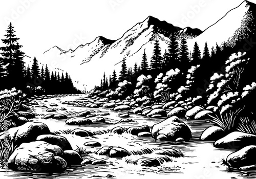 Black and White Engraving of Mountain River Landscape with Trees and Rocks in Graphic Style