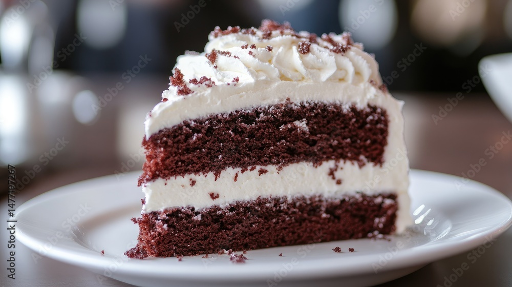 A slice of vanilla cake with creamy frosting sits on a white plate.